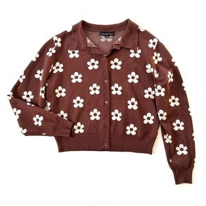 Almost Famous Retro Mod Brown & White Daisy Floral Collared Cardigan Sweater